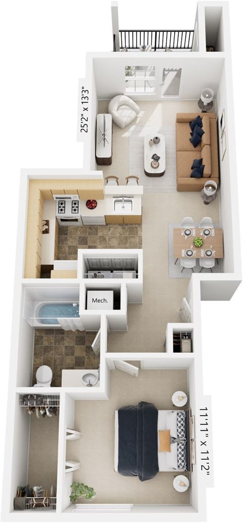 One Bedroom One Bath 3D Bridge Floor plan at Colonial Pointe at Fairview Apartments, Bellevue