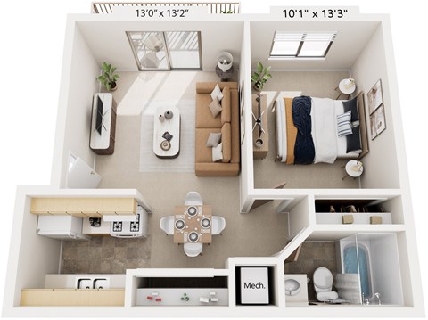 One Bedroom One Bath 3D Floor Plan at Concord Place Apartments, Kalamazoo, 49009