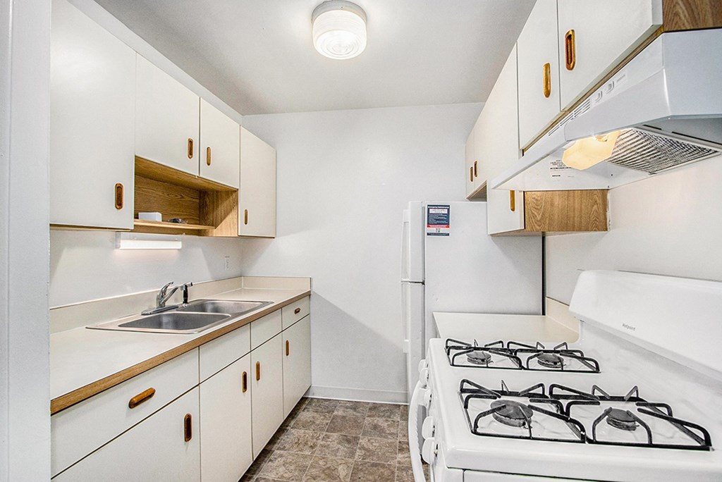 A white kitchen with a stove and sink