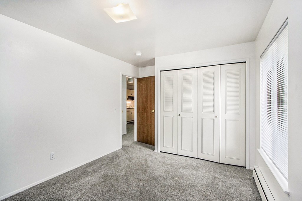 A room with a white wall and a grey carpet