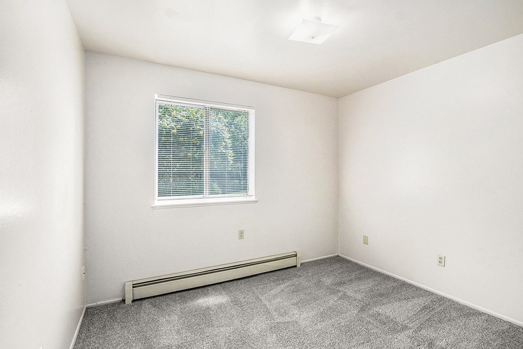 A room with a window and a radiator on the floor