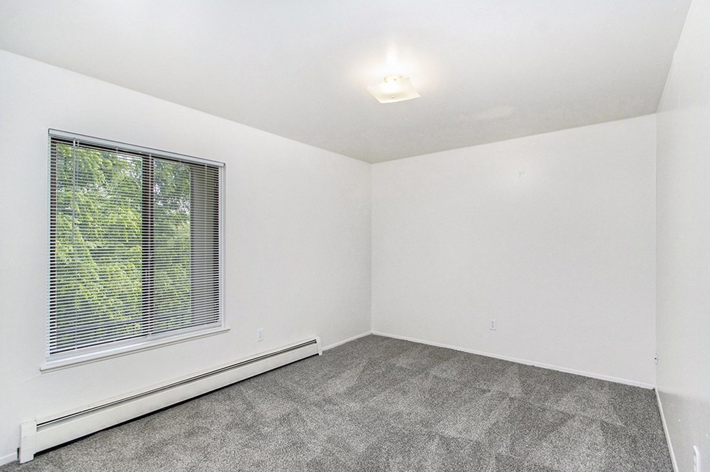 A room with a window and carpeted floor
