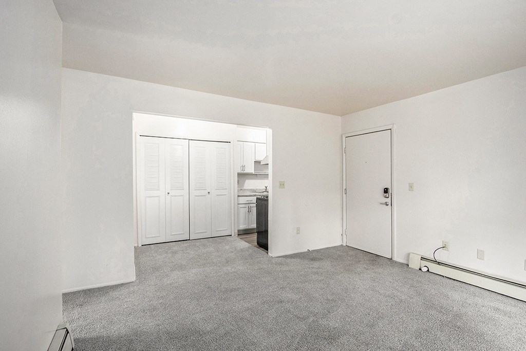 A room with white walls and carpeted floor with a white door and a white cabinet