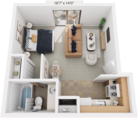 Studio Apartment 3D Floor Plan at Concord Place Apartments, Kalamazoo, MI