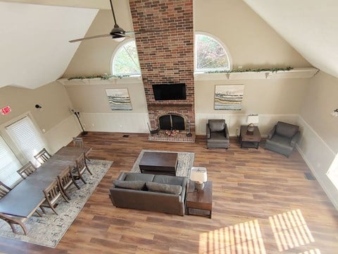 an overhead view of a living room with a fireplace