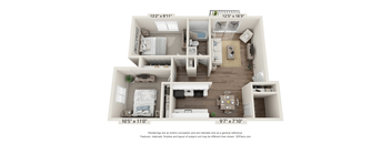 a 3d floor plan of a 2 bedroom apartment at Cordoba Apartments, Michigan, 48334