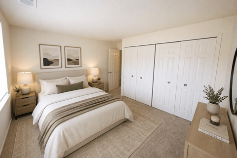 A bedroom with a large bed, two nightstands with lamps, a wardrobe, and a rug.