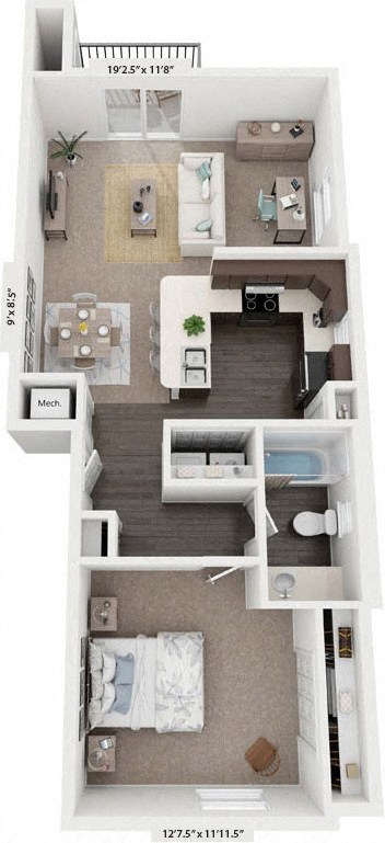 One Bedroom End 3D Floor Plan at Dodson Pointe Apartment Homes in Rogers, Arkansas