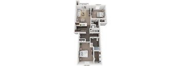 A two bedroom two bathroom 3D floor plan at Dodson Pointe Apartment Homes in Rogers, Arkansas