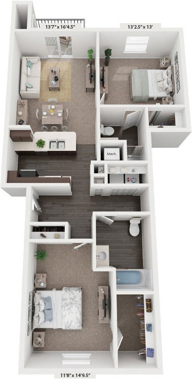 A two bedroom two bathroom 3D floor plan at Dodson Pointe Apartment Homes in Rogers, Arkansas