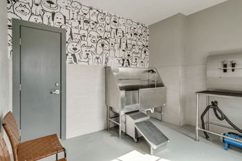 a kitchen with a large silver sink and a mural on the wall  at Uptown Square Apartments, Michigan, 48083