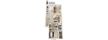One Bedroom One Bath End 3D Floorplan | 815-830 Sq. Ft. at Dupont Lakes Apartments, Indiana, 46825