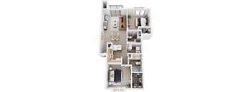 Two Bedroom Two Bath 3D Floorplan | 958-991 Sq. Ft at Dupont Lakes Apartments, Fort Wayne, 46825