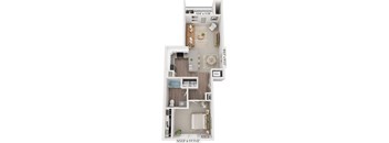 One bedroom 3D floor plan at Eagle Ridge Apartment Homes, Traverse City, MI 49685