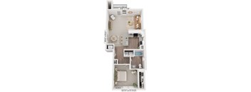 One bedroom end 3D floor plan at Eagle Ridge Apartment Homes, Traverse City, MI