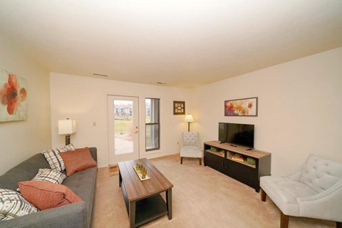 Living room with patio door and tv stand at Emerald Park Apartments, Kalamazoo, Michigan