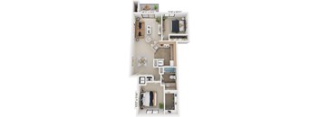 Two Bedroom Two Bath 3D Floor plan | 927 Sq. Ft. at Emerald Park Apartments, Kalamazoo