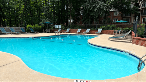 A large swimming pool surrounded by trees and chairs.