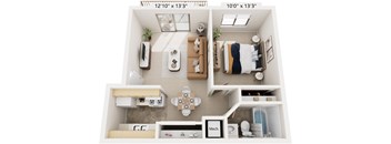 One Bedroom One Bath 3D Floor plan | 547-563 Sq. Ft. at Fairlane Apartments, Springfield, Michigan