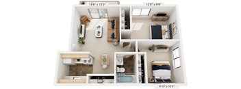 Two Bedroom Two Bath 3D Floor plan | 679-699 Sq. Ft. at Fairlane Apartments in Springfield, MI