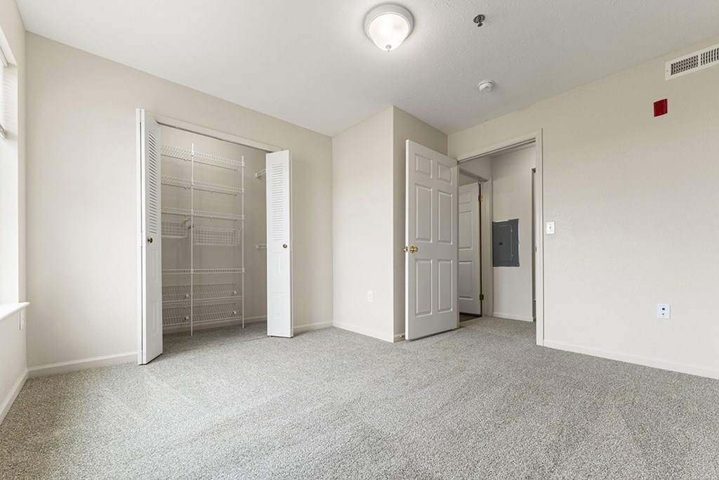 A bedroom with a carpeted floor and a walk-in closet with wardrobe organizers at Fieldstream Apartment Homes in IA 50023