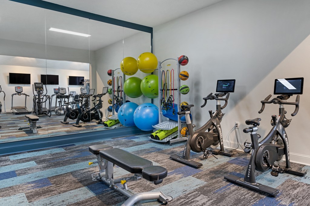 a gym with cardio equipment and weights at the enclave at woodbridge apartments in sugar land, at Latitudes Apartments, Indianapolis, 46237
