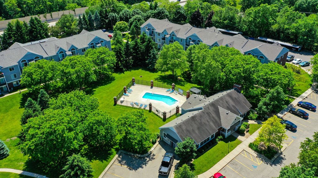 Ariel View of Pool with Large Sundeck at Foxwood and The Hermitage, Michigan