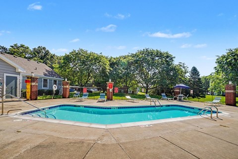 A swimming pool surrounded by a concrete patio and trees.