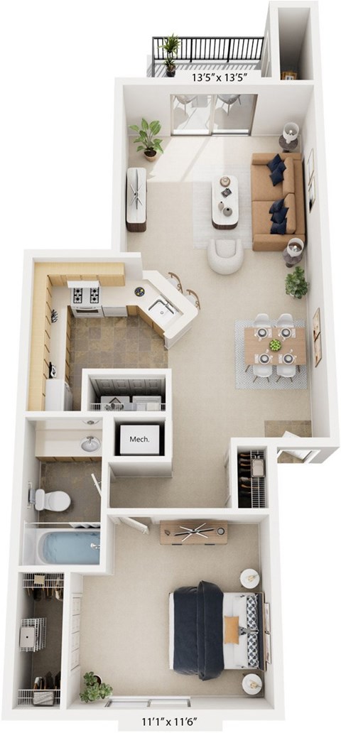 One Bedroom One Bath 3D floor plan at Glenn Valley Apartments, Michigan