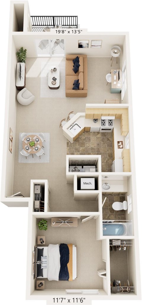 One Bedroom One Bath End 3D Floorplan at Glenn Valley Apartments, Michigan, 49015