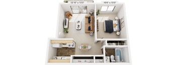 One Bedroom One Bath 3D Floor plan at Granada Apartments, Jackson, Michigan