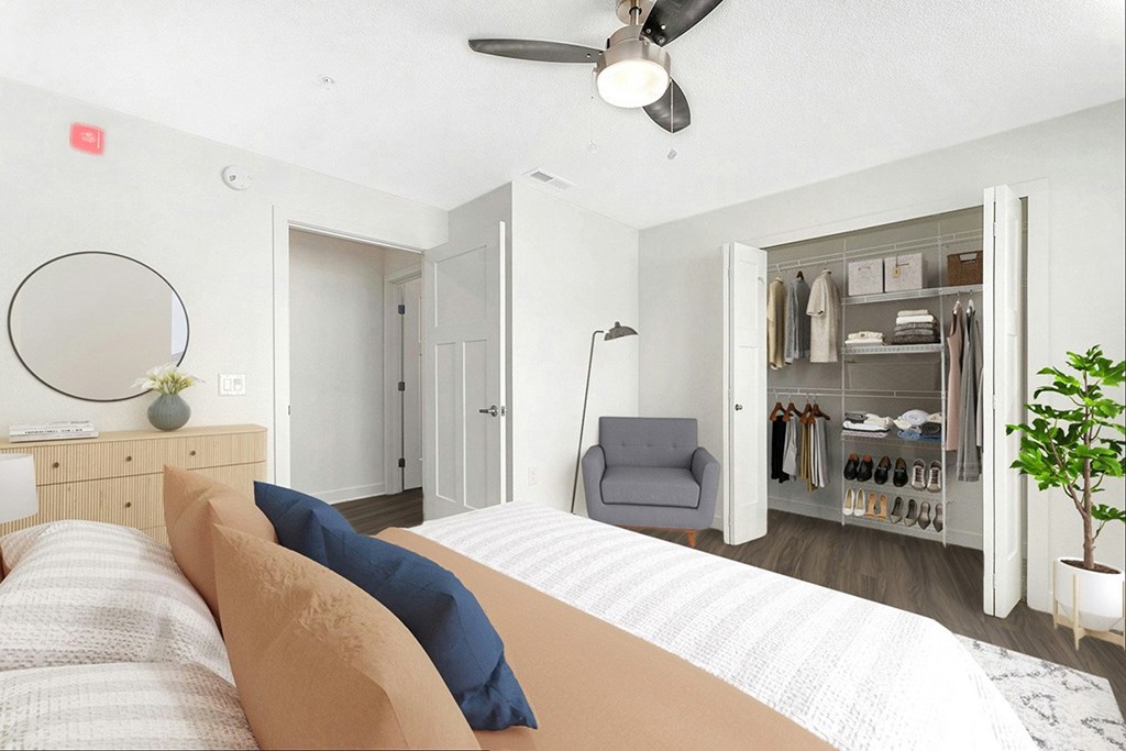 Bedroom With Ceiling Fan at The Grove Apartment Homes, Nebraska