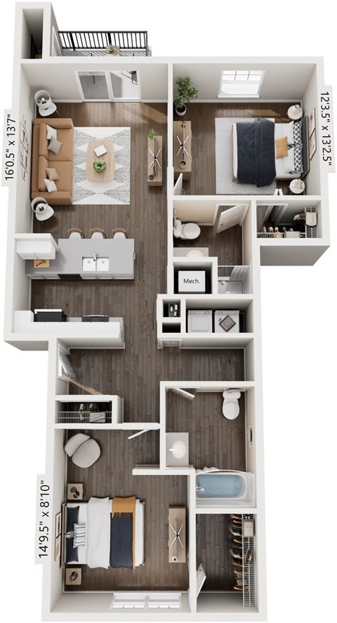 2 Bedroom Floor Plan at The Grove Apartment Homes, Nebraska