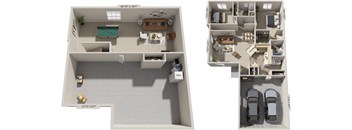 Two bedroom ranch 3D floor plan at Gull Prairie/Gull Run Apartments and Townhomes, Michigan
