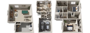 Two bedroom two-story 3D floor plan at Gull Prairie/Gull Run Apartments and Townhomes, Michigan, 49048
