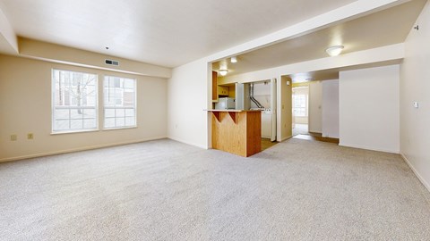 A spacious room with a carpeted floor and a wooden cabinet.