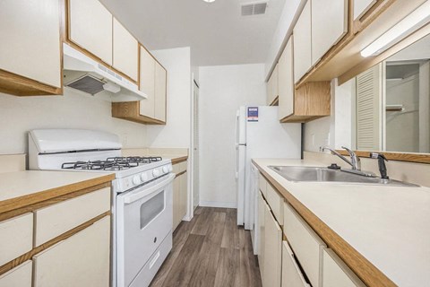 a kitchen with a stove and a sink