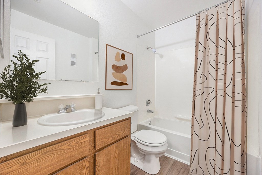 a bathroom with a shower curtain and a sink at Hampton Lakes Apartments, Michigan, 49534