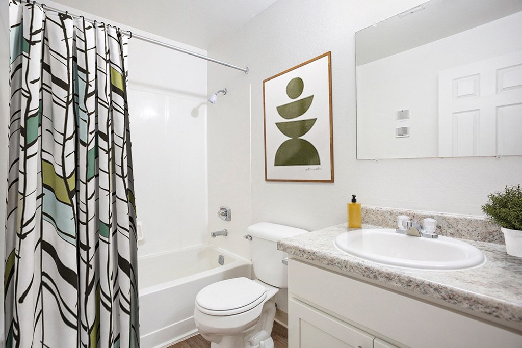 An upgraded bathroom with a toilet, a sink, and a shower curtain at Hampton Lakes Apartments, Michigan, 49534