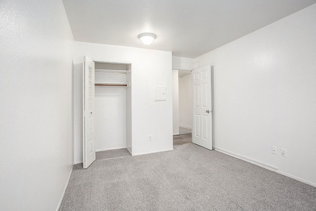 a spacious bedroom with carpet and a closet at Hampton Lakes Apartments, Michigan, 49534