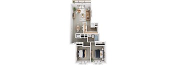 Two Bedroom One Bath 3D Floorplan at Hampton Lakes Apartments, Walker