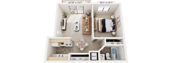 One Bedroom One Bath 3D Floor plan at Hickory Village Apartments, Indiana