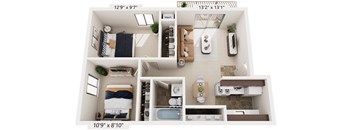 Two Bedroom One Bath 3D Floor plan at Hickory Village Apartments, Indiana, 46545