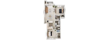 Traditional Two Bedroom 3D floor plan at The Highlands Apartments, Elkhart