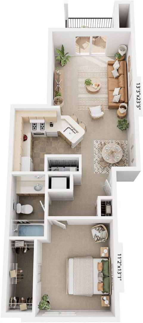 One bedroom 3D floor plan at Hunters Pond Apartment Homes, Champaign, IL, 61820