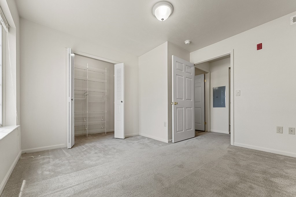 A white bedroom with a carpeted floor and a walk-in closet at Hunters Pond Apartment Homes, Illinois, 61820