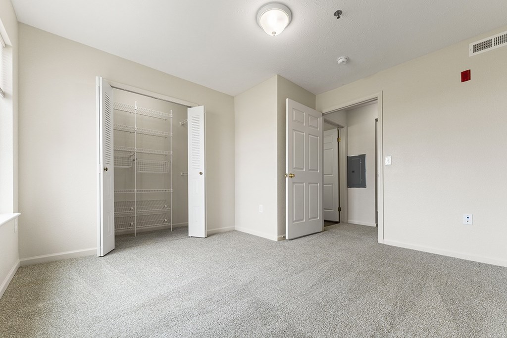 A bedroom with a carpeted floor and a walk-in closet with organizers at Hunters Pond Apartment Homes, Champaign, IL, 61820