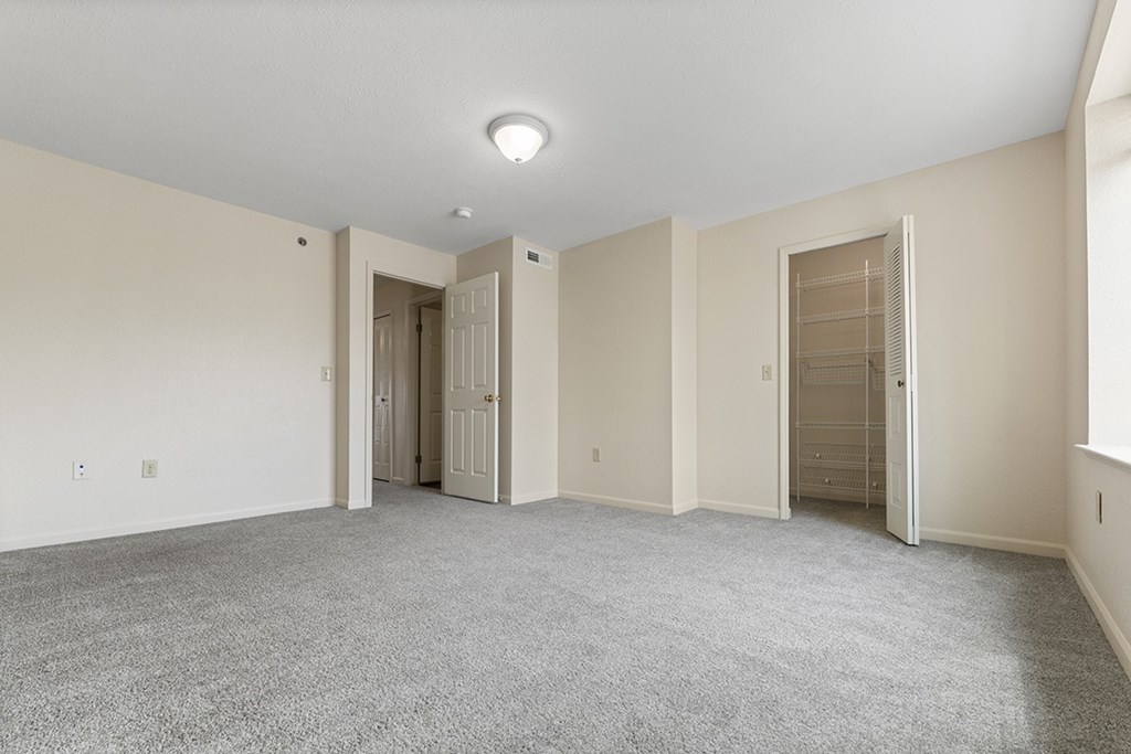 A large empty bedroom with carpeted floor and walk-in closet at Hunters Pond Apartment Homes, Champaign, IL, 61820