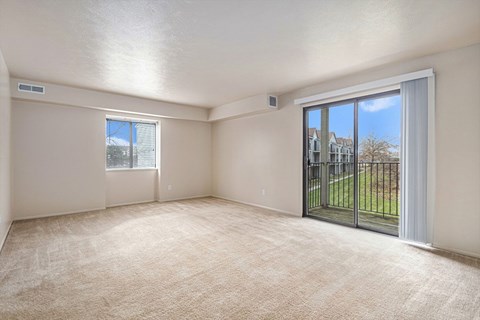 A room with a carpeted floor, a sliding glass door, and a window.