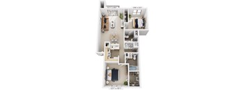 Two Bedroom Two Bath 3D Floorplan at Hurwich Farms Apartments, Indiana